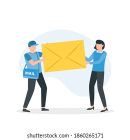 Receiving Letter. Postal Carrier Or Postie In Uniform And Cap Carrying Messenger Bag And Letter In Envelope. Concept Of Express Mail Delivery Service. Vector Illustration