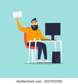 Receiving a letter, sending. Man is sitting at a computer holding a letter. Flat design vector illustration.