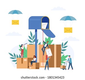 Receiving letter. Small people postmans and giant mailbox with letters, sorting parcels boxes, newsletter social news, mail service postage stamp envelopes delivery vector flat cartoon concept