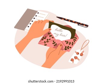 Receiving Love Letter. Hands Holding, Opening Holiday Envelope With Handwritten Paper Mail, Message From Sweetheart, Valentine Day Correspondence. Flat Vector Illustration Isolated On White