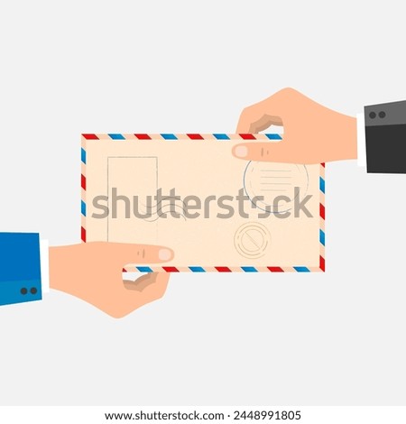 Receiving mail concept. Hand giving white paper envelope to another hand. Hand holding mail. Flat design