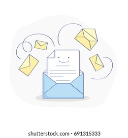 Receiving mail, E-mail marketing and News Letter Advertising. Communication concept, sharing spam, information, business promotion, sending email in flat line style. Isolated vector UX UI element.
