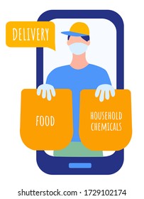 receiving meal at home using a smartphone app, the delivery man in mask with cap and gloves is carrying two bags with food and chemicals. lifestyle concept. Vector illustration in flat style.