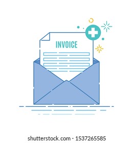 Receiving Medical Invoice For Treatment And Health Care Expenses. Bill Sent By The Hospital. Envelope With A Payment Receipt Form For The Patient. Finance And Medical Concept. Vector Flat Illustration