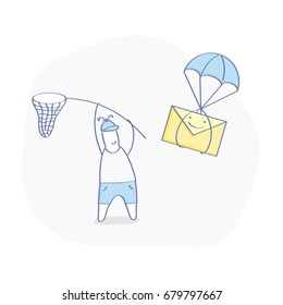 Receiving a message, parcel, incoming email. Flat line illustration, a man with a net try to catch an envelope flying on a parachute. Isolated vector.