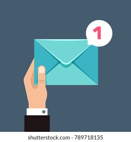 Receiving message vector concept with envelope in users hand. Envelope message correspondence, e-mail receive illustration