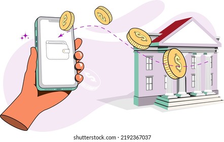 Geld von der Bank über eine mobile Banking-App erhalten, die ein Smartphone hält, das Dollarmünzen von der Bank-Konzept-Vektorgrafik empfängt. kann für Landing-Page, i, web, mobile App verwendet werden