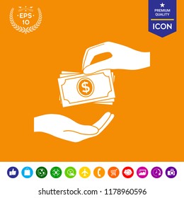 Receiving money banknotes stack icon. Cash stacks money banknotes