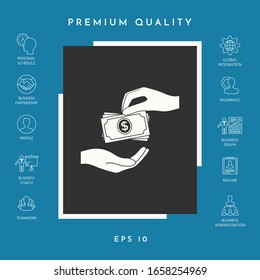 Receiving money banknotes stack icon. Cash stacks money banknotes. Graphic elements for your design
