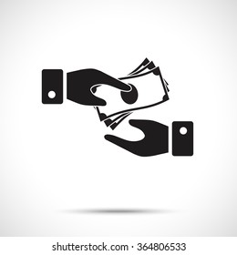 Receiving Money Icon. Two vector hands, giving money. Giving a money symbol from one hand to another.