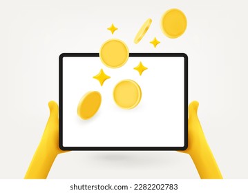 Receiving money via tablet computer concept. 3d vector illustration isolated on white background