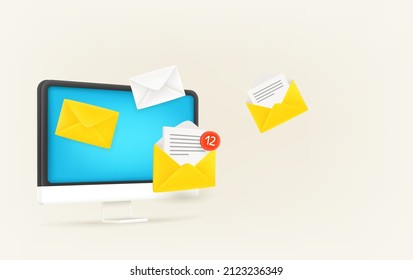 Receiving new mail messages via computer. 3d vector banner with copy space

