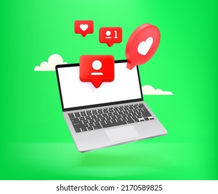 Recibiendo notificaciones en un portátil moderno. Banner vectorial 3d con espacio de copia