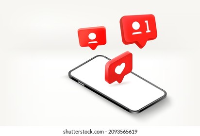 Receiving notifications on modern mobile phone. 3d vector banner with copy space