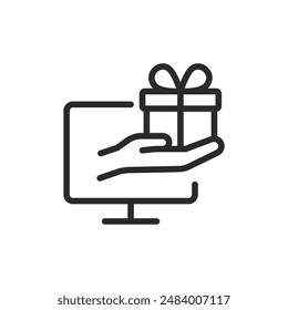 Receiving online gift, linear style icon. Hand giving gift from screen. online prize. Editable stroke width