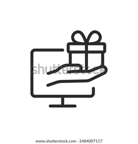 Receiving online gift, linear style icon. Hand giving gift from screen. online prize. Editable stroke width