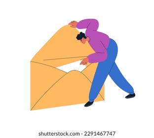 Receiving and opening letter, looking into paper envelope. Tiny person getting message. Email, e-mail correspondence, newsletter concept. Flat vector illustration isolated on white background