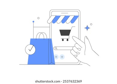 Receiving or ordering online concept. Online food ordering from supermarket using mobile app. Smartphone screen with cart. Online store. Vector Illustration, icon. Stylish, Minimalist line