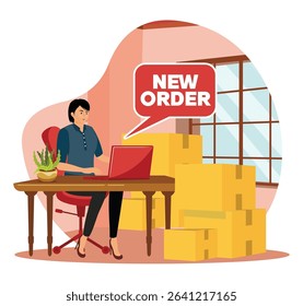 Receiving orders online concept. Smiling woman managing Online Orders at Work Desk with New Order Notification on laptop.