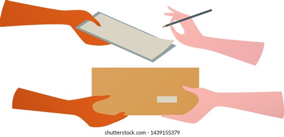 Receiving package from courier to customer. Delivery concept.