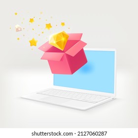 Receiving package with surprize via modern laptop. 3d vector illustration