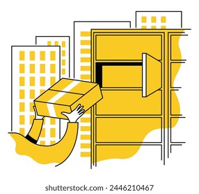 Receiving a parcel using Automated locker - modern method of shopping and delivery. Illustration in thin line