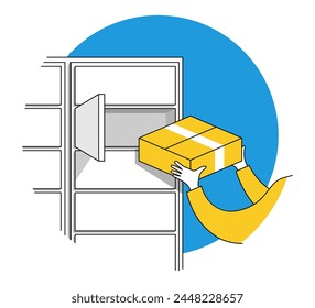 Receiving a parcel using Automated locker - modern method of shopping and delivery. Illustration in thin line, yellow and blue colors