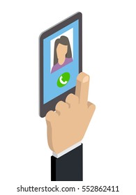 Receiving a phone call, calling Caucasian woman. Isometric vector