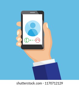 Receiving phone call concept. Dialling, calling on the mobile phone. Hand holding smart phone in modern flat style design.