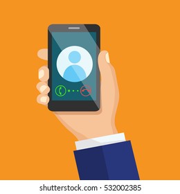 Receiving phone call concept. Dialling, calling on the mobile phone. Hand holding smart phone in modern flat style design.
