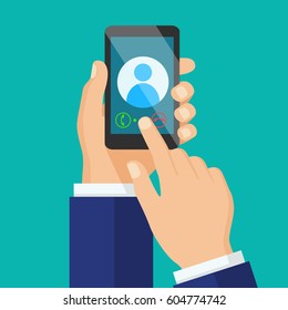 Receiving phone call concept. Dialling, calling on the mobile phone. Hand holding smart phone in modern flat style design.