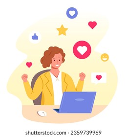 Receiving positive feedback. Smiling blogger woman at laptop enjoy like impressions in internet blog or social media post, blogging forum marketing technology, vector illustration of positive feedback