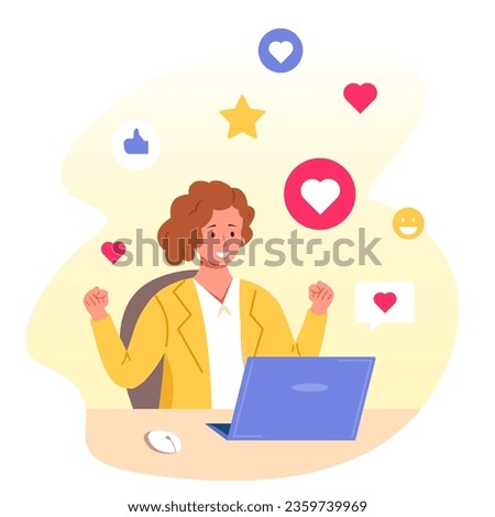 Receiving positive feedback. Smiling blogger woman at laptop enjoy like impressions in internet blog or social media post, blogging forum marketing technology, vector illustration of positive feedback