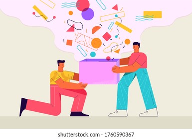 Receiving prize abstract illustration. Male character winner receives from sponsor winning box with geometric trophies happy deserved flat success unexpected birthday present vector birthday.