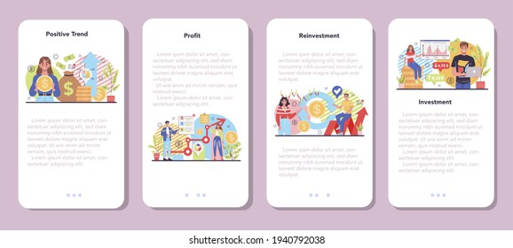 Receiving profit mobile application banner set. Idea of business success
