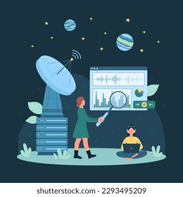 Receiving signal from space vector illustration. Cartoon tiny people holding magnifying glass to research graphic equalizer chart in radar antenna report, receive digital message of alien planet