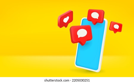 Receiving social media notifications on mobile phone. 3d vector banner 