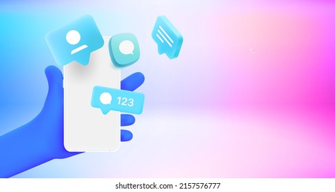 Receiving social network messages via smartphone. 3d vector banner with copy space