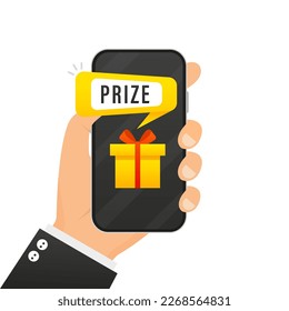 Receiving Surprise Box Online. Digital Purchase or E-commerce Concept. Promo Store, Gift Card. A gift with a pop-up hint prize on the phone. Vector illustration