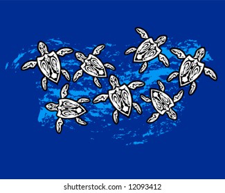 Recent been born turtles floating at the ocean