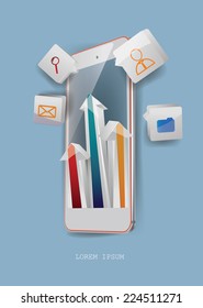 Smartphone reciente con elementos infográficos de flechas. Ilustración vectorial.