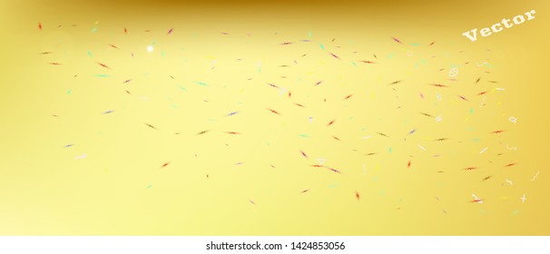 Recent space and signs confetti. Background graphic. Usefull colorific illustration. Ultra Wide background texture. Colorful pristine abstraction. Gold colored.