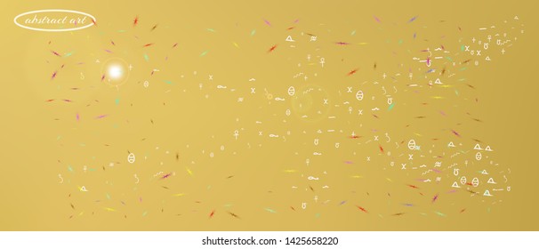 Recent space and signs confetti. Background texture. Colorful colorific illustration. Great - new Ultra Wide backgrounds. Colorful crisp abstraction. Gold colored.