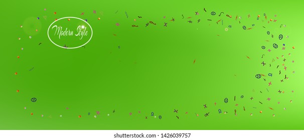 Recent space and signs confetti. Background light. Liquid colorific illustration. Abstract universe and signs Ultra Wide background illustration. Colorful clear abstraction. Green colored.