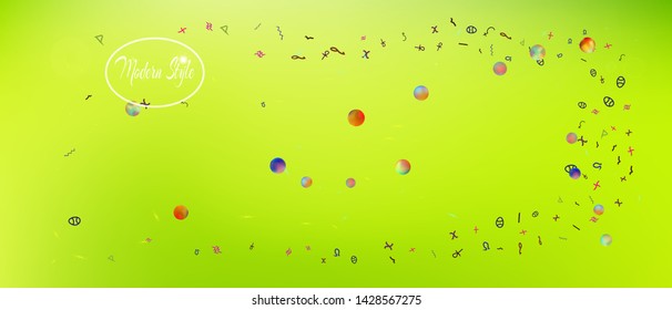Recent space and signs confetti. Background graphic. Minimal colorific illustration. Wonderful colored background space Ultra Wide. Colorful breezy abstraction. Green colored.