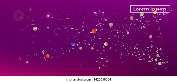 Recent space and signs confetti. Funny colorific illustration. Background texture. A Ultra Wide themed background illustration. Colorful fresh abstraction. Fancy colored.