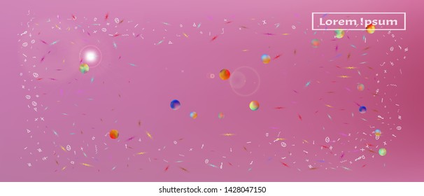 Recent space and signs confetti. Usefull colorific illustration. Background bright. Ultra Wide background art inspire. Colorful crisp abstraction. Pink colored main theme.