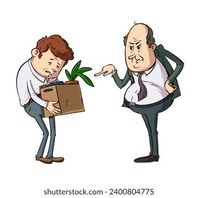 Recently fired man and his boss in a suit, pointing him away