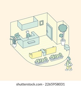 A reception area in a building.
A space that serves as an entrance to a hospital or business.