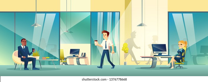 Reception Area In Business Office. Modern Room Interior With Girl Receptionist Character, Employee Going For Coffee Break And Customer Waiting On Armchair With Smartphone. Cartoon Vector Illustration.